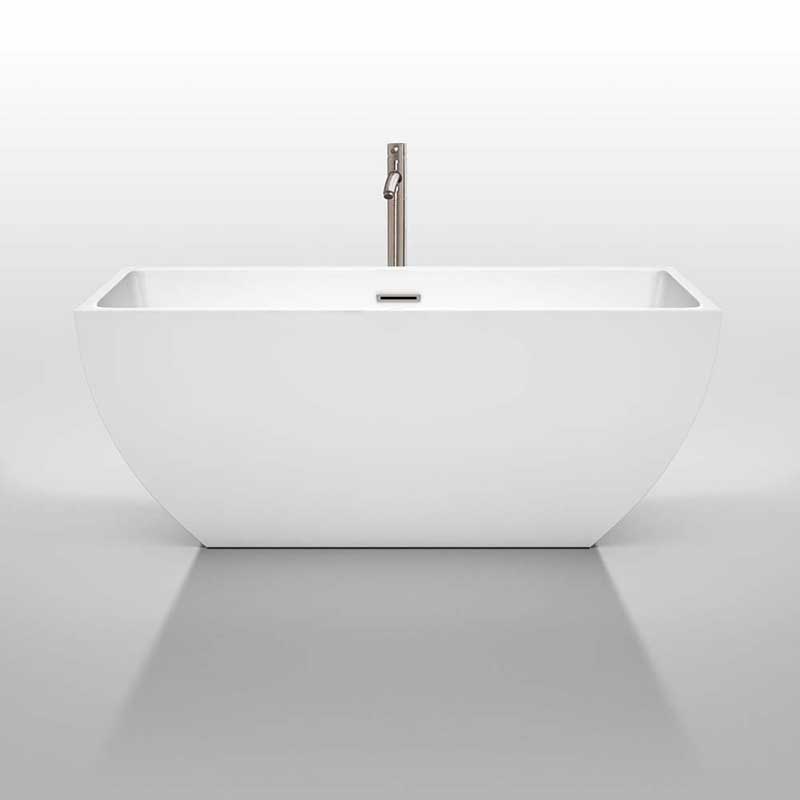 Wyndham Collection Rachel 59 inch Freestanding Bathtub in White with Floor Mounted Faucet, Drain and Overflow Trim in Brushed Nickel 3