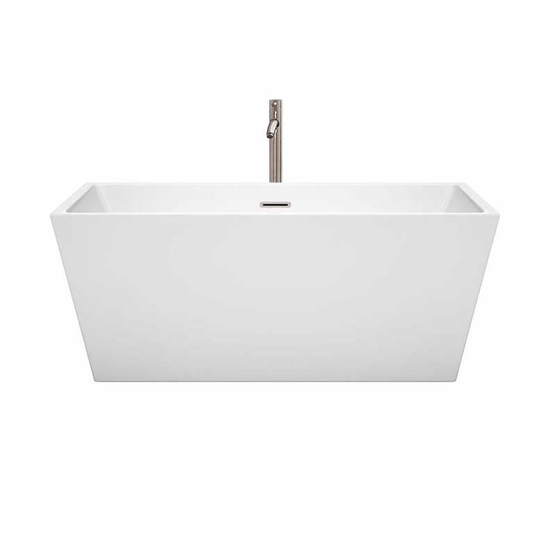 Wyndham Collection Sara 59 inch Freestanding Bathtub in White with Floor Mounted Faucet, Drain and Overflow Trim in Brushed Nickel 4