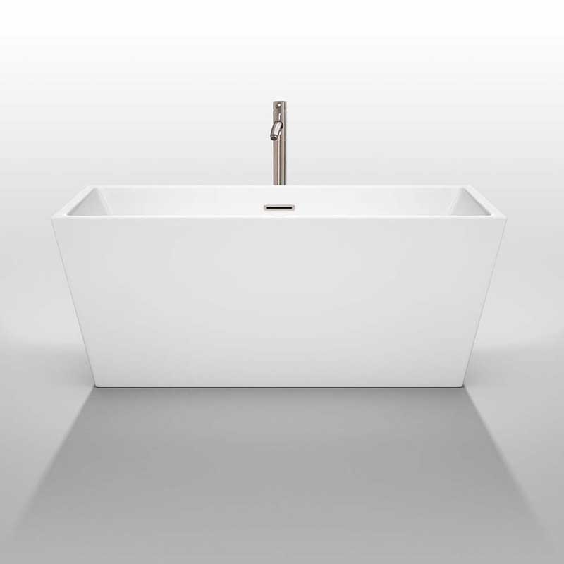 Wyndham Collection Sara 59 inch Freestanding Bathtub in White with Floor Mounted Faucet, Drain and Overflow Trim in Brushed Nickel 3
