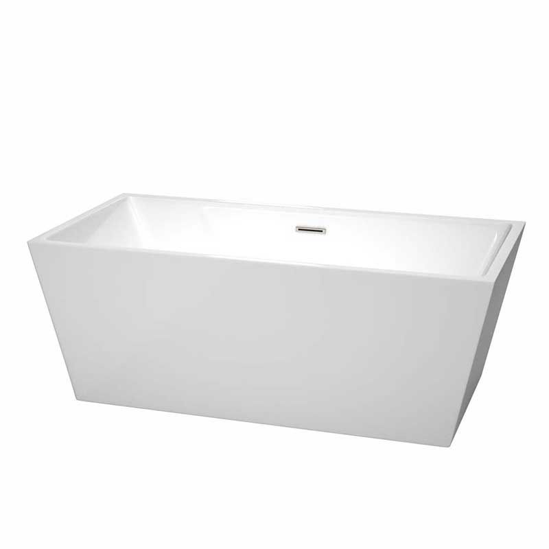 Wyndham Collection Sara 63 inch Freestanding Bathtub in White with Brushed Nickel Drain and Overflow Trim