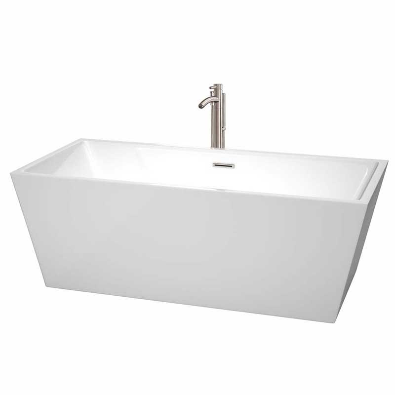 Wyndham Collection Sara 67 inch Freestanding Bathtub in White with Floor Mounted Faucet, Drain and Overflow Trim in Brushed Nickel