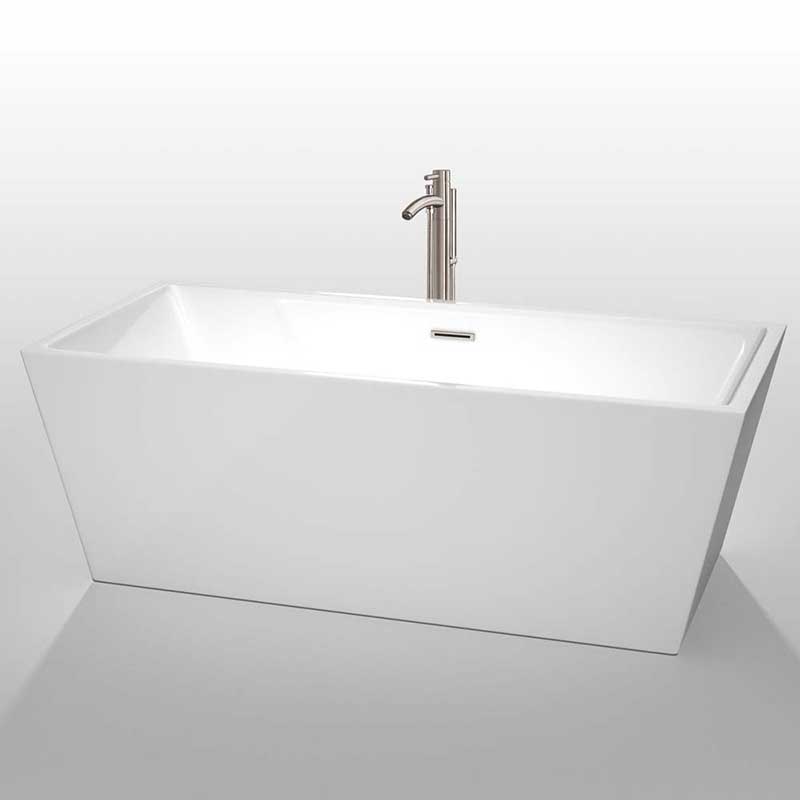 Wyndham Collection Sara 67 inch Freestanding Bathtub in White with Floor Mounted Faucet, Drain and Overflow Trim in Brushed Nickel 2