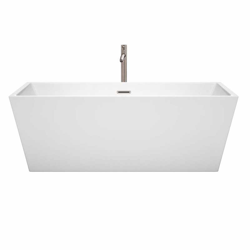 Wyndham Collection Sara 67 inch Freestanding Bathtub in White with Floor Mounted Faucet, Drain and Overflow Trim in Brushed Nickel 4