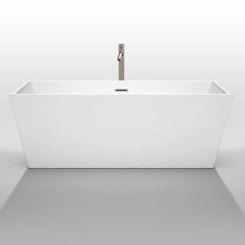 Wyndham Collection Sara 67 inch Freestanding Bathtub in White with Floor Mounted Faucet, Drain and Overflow Trim in Brushed Nickel 3