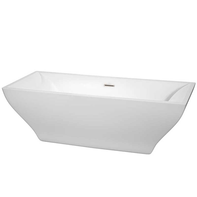 Wyndham Collection Maryam 71 inch Freestanding Bathtub in White with Brushed Nickel Drain and Overflow Trim