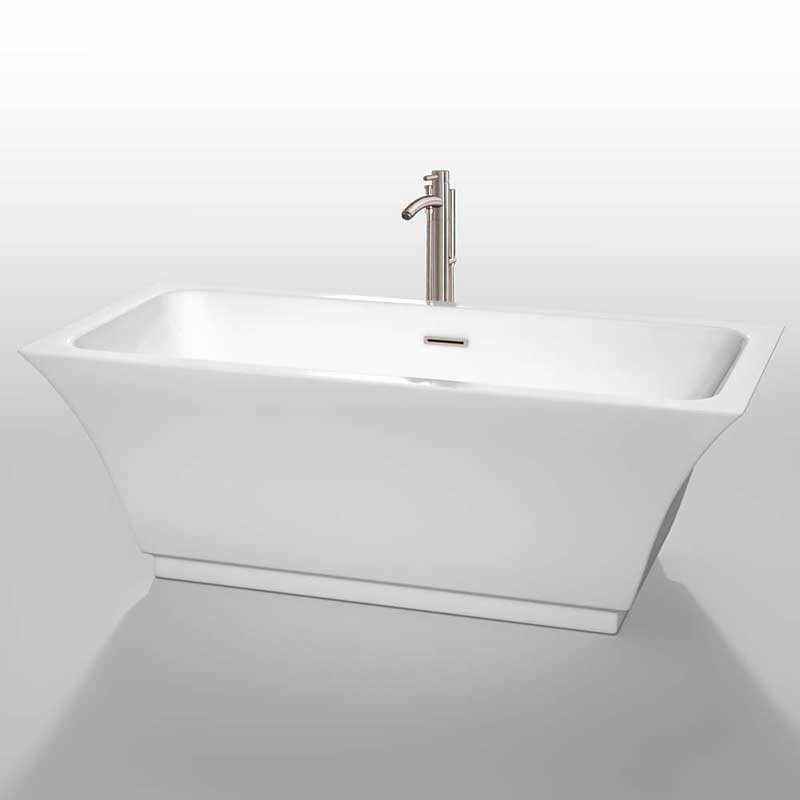 Wyndham Collection Galina 67 inch Freestanding Bathtub in White with Floor Mounted Faucet, Drain and Overflow Trim in Brushed Nickel 2