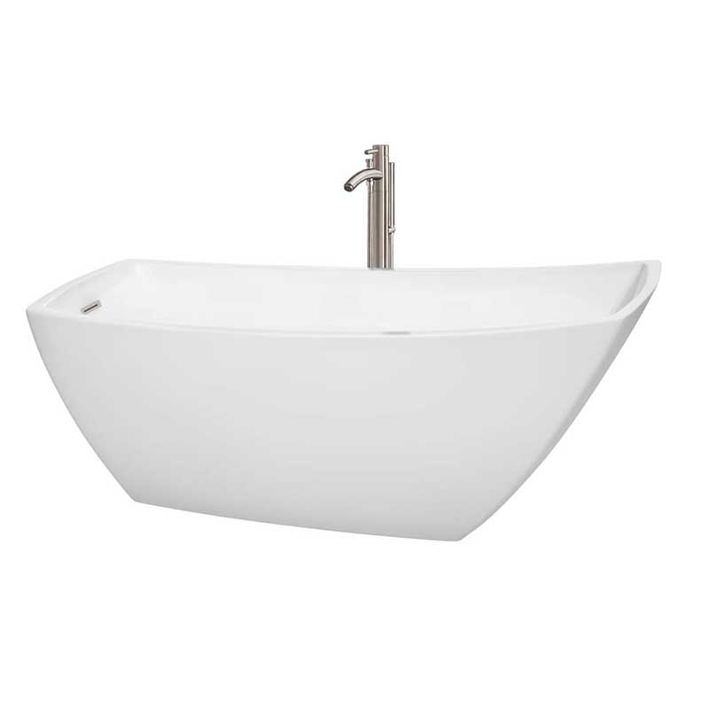 Wyndham Collection Antigua 67 inch Freestanding Bathtub in White with Floor Mounted Faucet, Drain and Overflow Trim in Brushed Nickel
