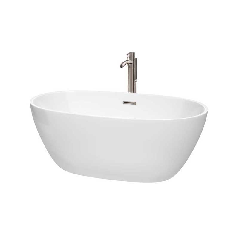 Wyndham Collection Juno 59 inch Freestanding Bathtub in White with Floor Mounted Faucet, Drain and Overflow Trim in Brushed Nickel