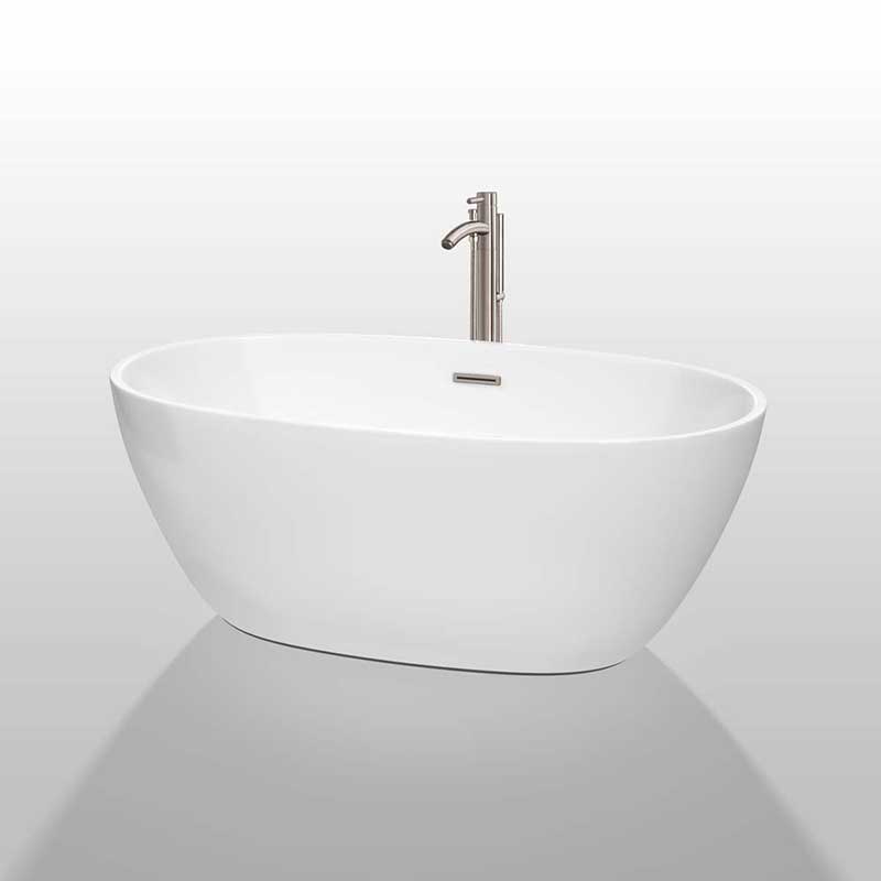Wyndham Collection Juno 59 inch Freestanding Bathtub in White with Floor Mounted Faucet, Drain and Overflow Trim in Brushed Nickel 2