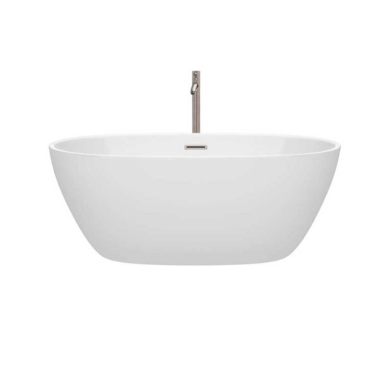 Wyndham Collection Juno 59 inch Freestanding Bathtub in White with Floor Mounted Faucet, Drain and Overflow Trim in Brushed Nickel 4