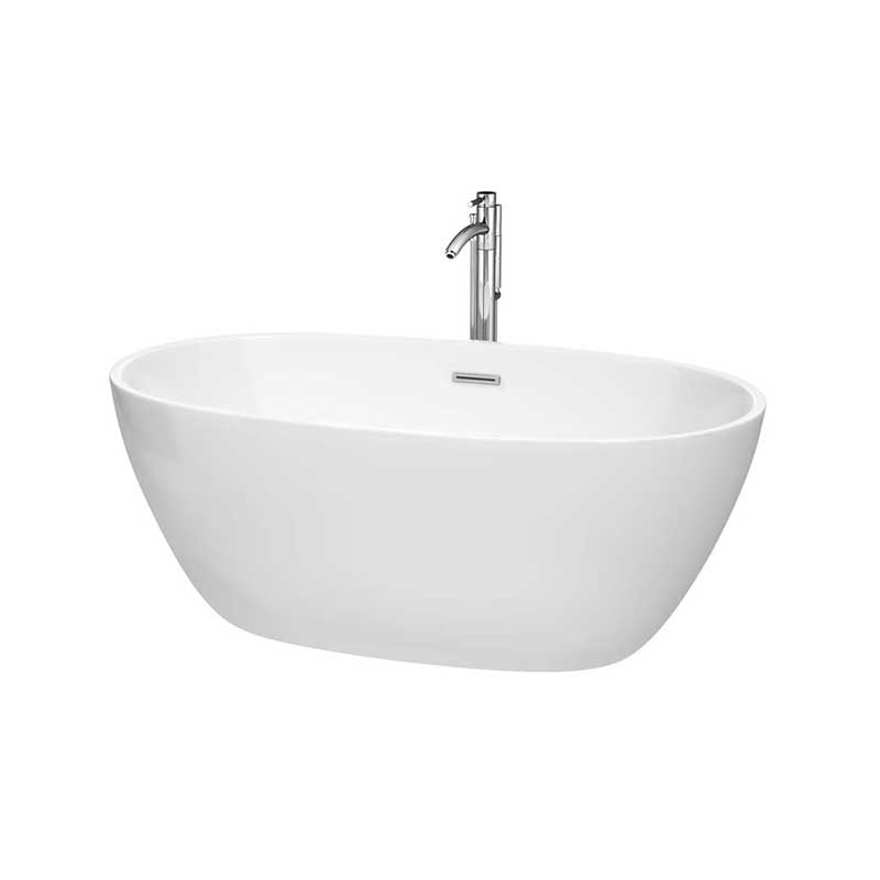 Wyndham Collection Juno 59 inch Freestanding Bathtub in White with Polished Chrome Drain and Overflow Trim and Floor Mounted Faucet