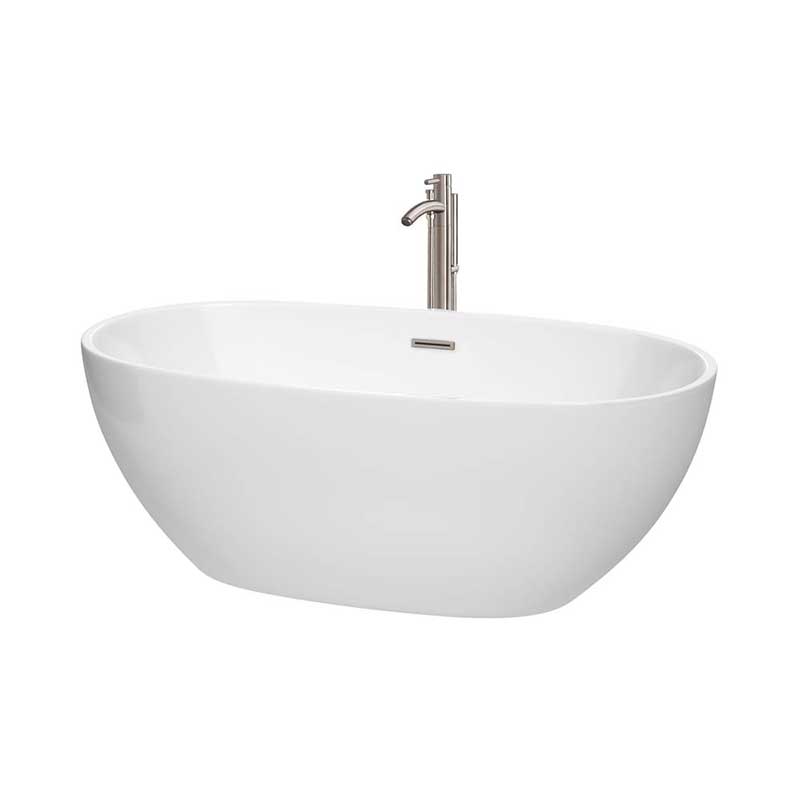 Wyndham Collection Juno 63 inch Freestanding Bathtub in White with Floor Mounted Faucet, Drain and Overflow Trim in Brushed Nickel