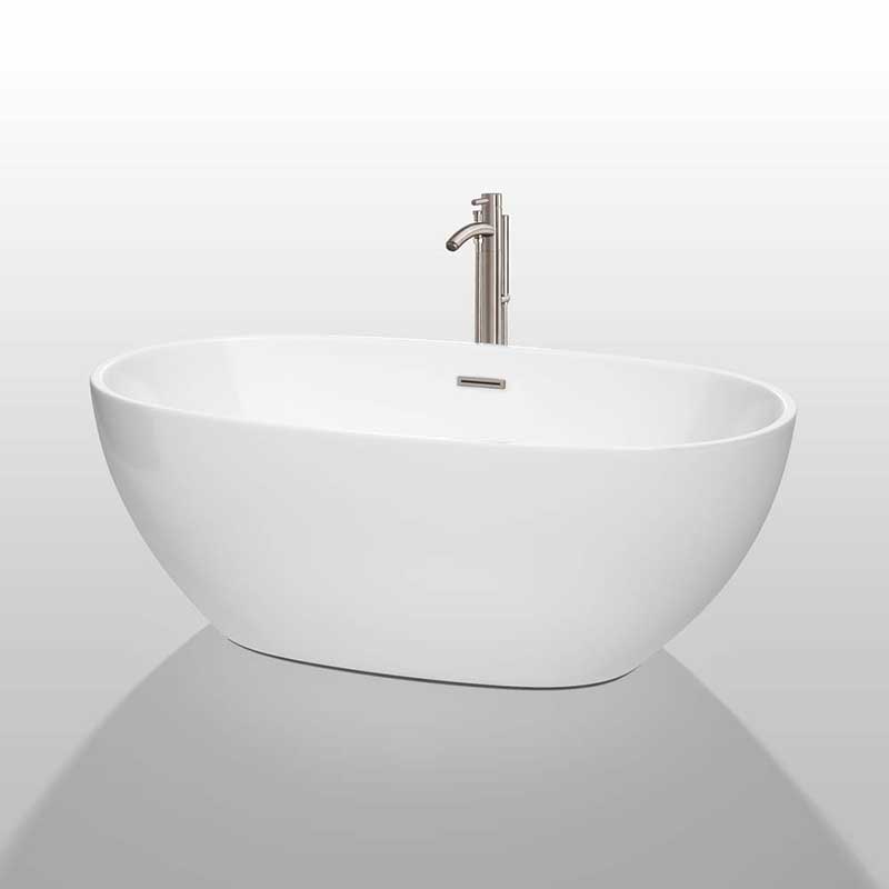 Wyndham Collection Juno 63 inch Freestanding Bathtub in White with Floor Mounted Faucet, Drain and Overflow Trim in Brushed Nickel 2