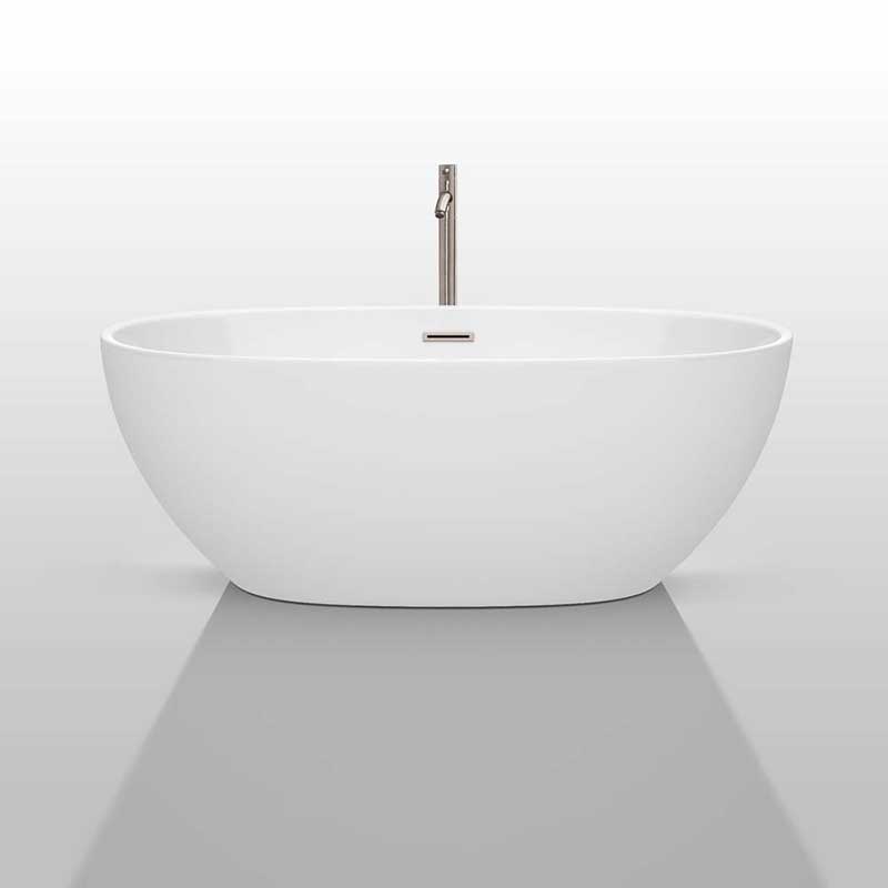 Wyndham Collection Juno 63 inch Freestanding Bathtub in White with Floor Mounted Faucet, Drain and Overflow Trim in Brushed Nickel 3