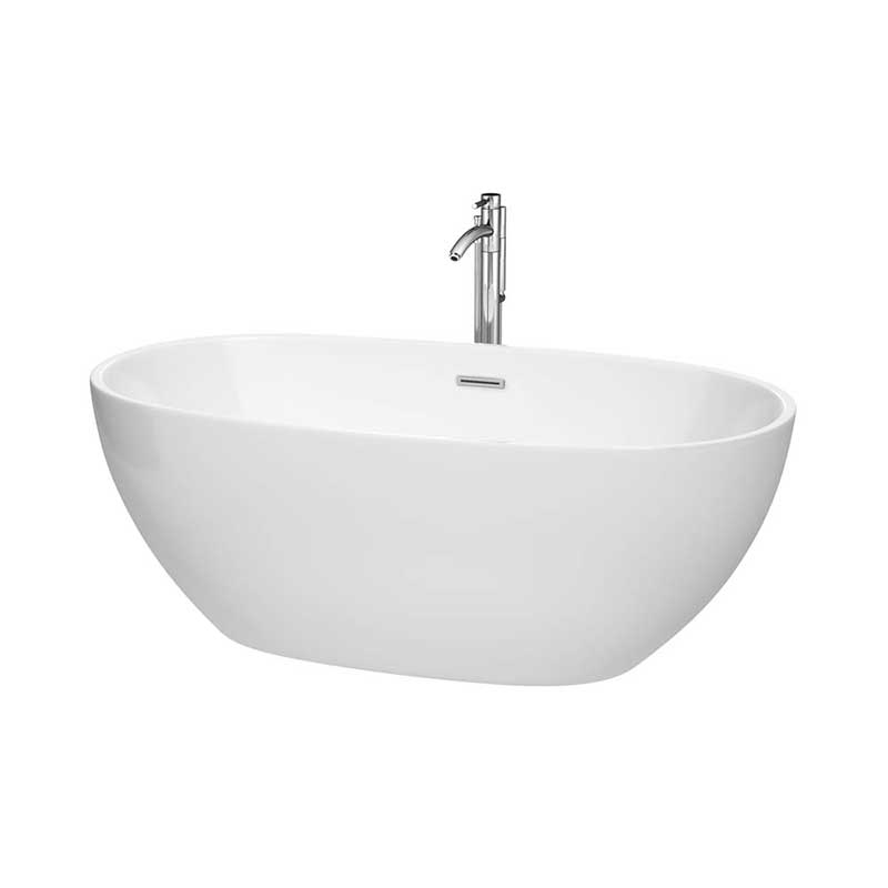 Wyndham Collection Juno 63 inch Freestanding Bathtub in White with Polished Chrome Drain and Overflow Trim and Floor Mounted Faucet