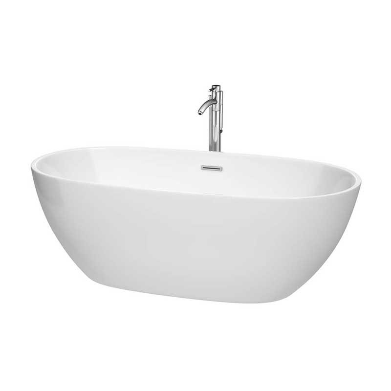 Wyndham Collection Juno 67 inch Freestanding Bathtub in White with Polished Chrome Drain and Overflow Trim and Floor Mounted Faucet