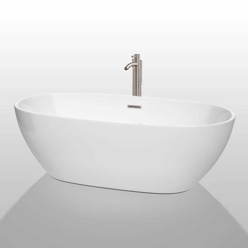Wyndham Collection Juno 71 inch Freestanding Bathtub in White with Floor Mounted Faucet, Drain and Overflow Trim in Brushed Nickel 2