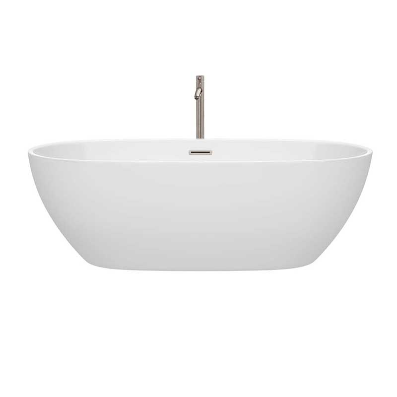 Wyndham Collection Juno 71 inch Freestanding Bathtub in White with Floor Mounted Faucet, Drain and Overflow Trim in Brushed Nickel 4