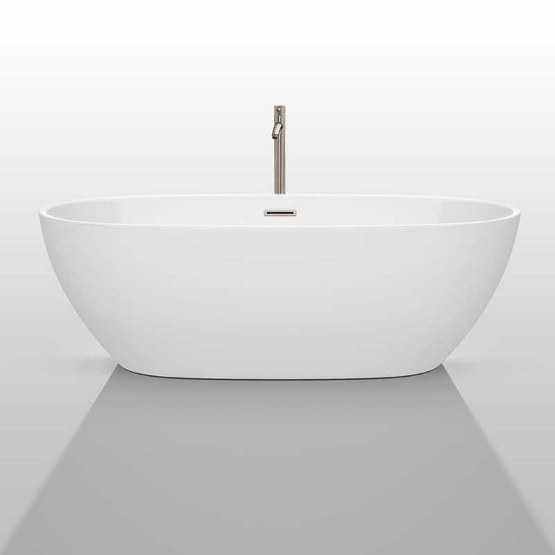 Wyndham Collection Juno 71 inch Freestanding Bathtub in White with Floor Mounted Faucet, Drain and Overflow Trim in Brushed Nickel 3