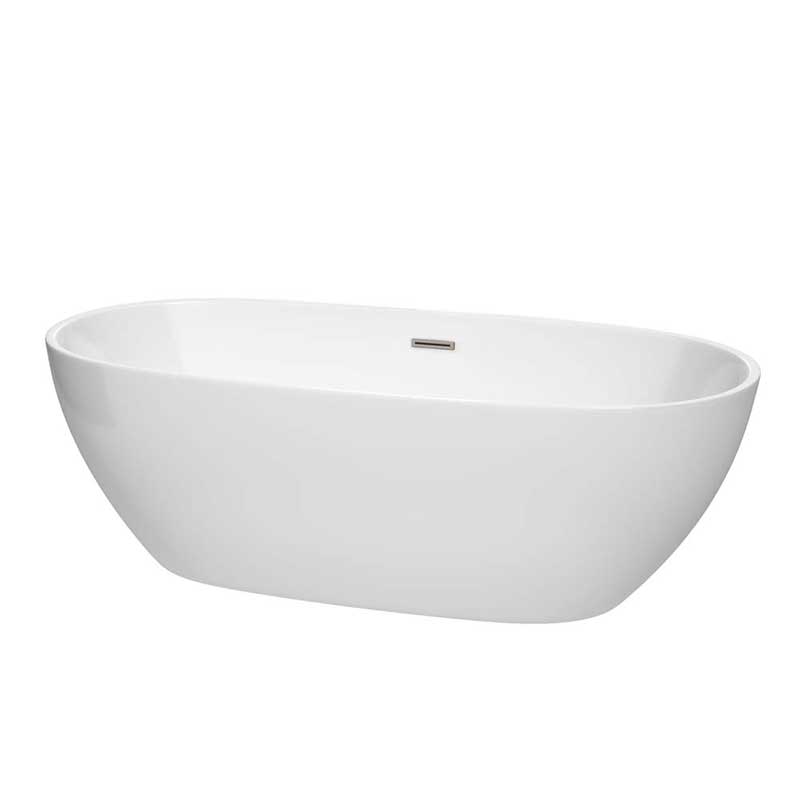 Wyndham Collection Juno 71 inch Freestanding Bathtub in White with Brushed Nickel Drain and Overflow Trim