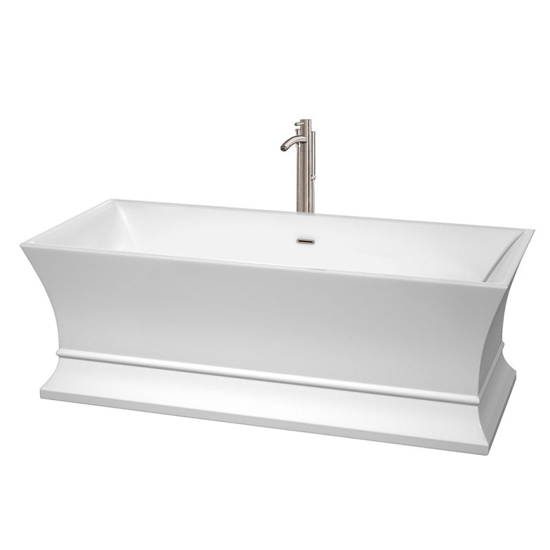 Wyndham Collection Jamie 67 inch Soaking Bathtub in White with Brushed Nickel Trim, and Brushed Nickel Floor Mounted Faucet