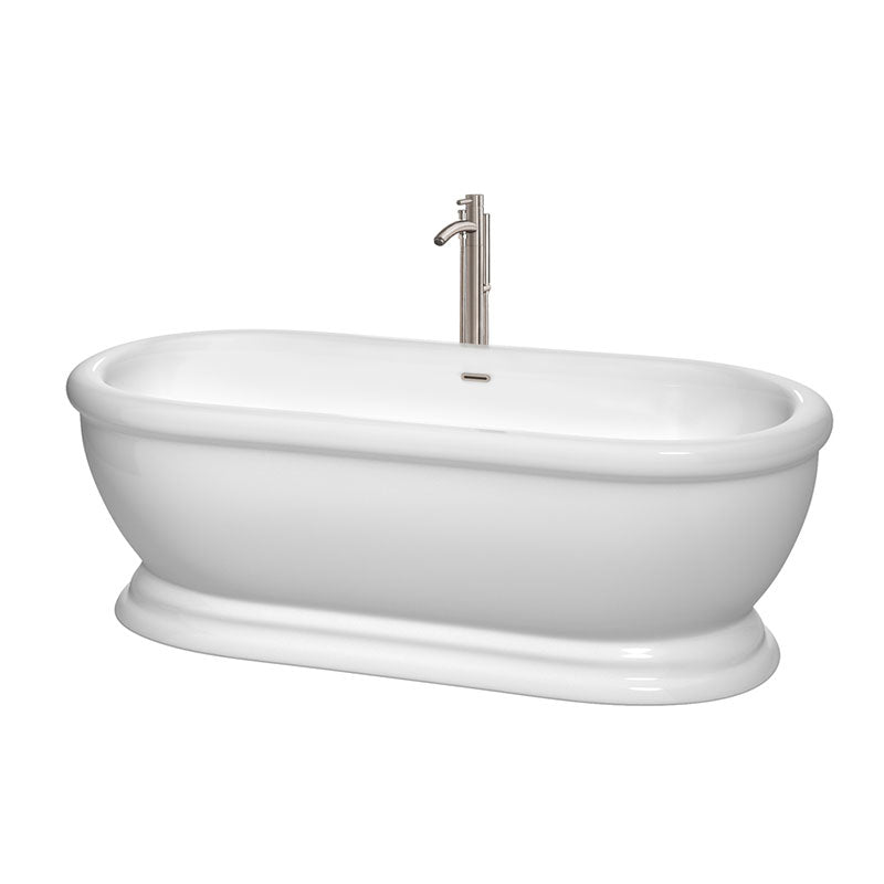 Wyndham Collection Mary 68 inch Soaking Bathtub in White with Brushed Nickel Trim, and Brushed Nickel Floor Mounted Faucet