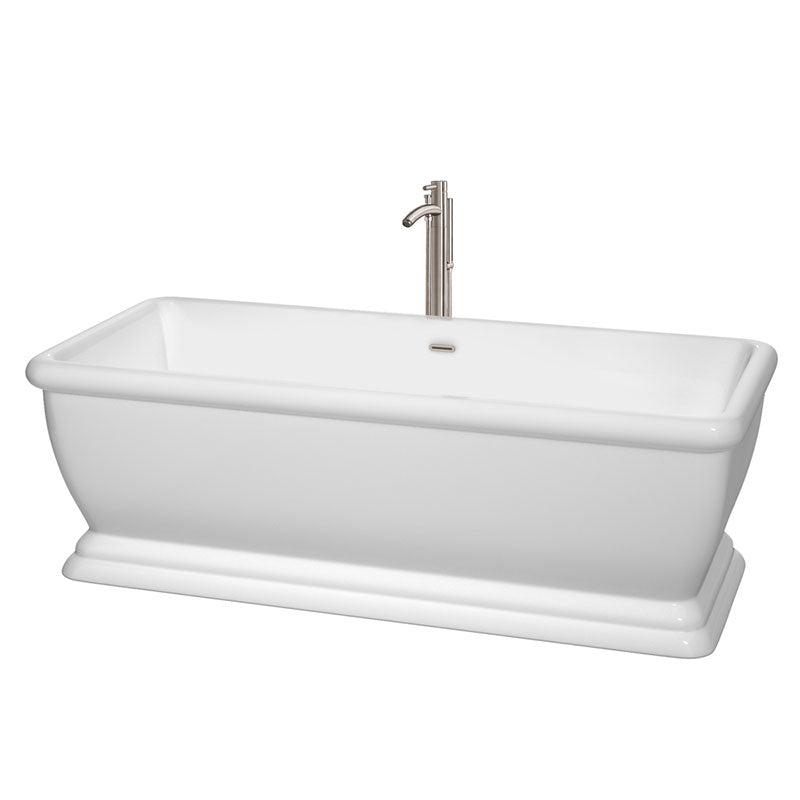 Wyndham Collection Candace 68 inch Soaking Bathtub in White with Brushed Nickel Trim, and Brushed Nickel Floor Mounted Faucet