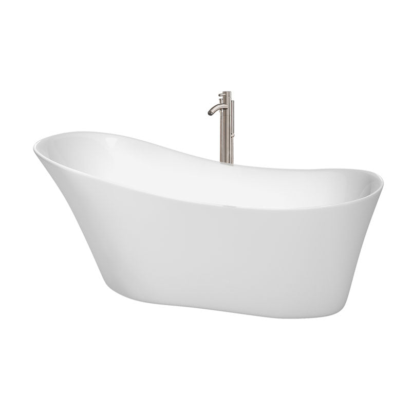 Wyndham Collection Janice 67 inch Soaking Bathtub in White with Brushed Nickel Trim, and Brushed Nickel Floor Mounted Faucet