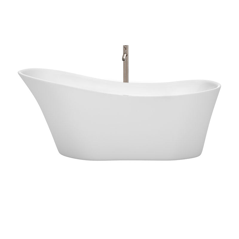Wyndham Collection Janice 67 inch Soaking Bathtub in White with Brushed Nickel Trim, and Brushed Nickel Floor Mounted Faucet 2