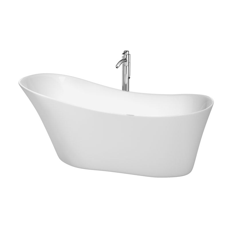 Wyndham Collection Janice 67 inch Soaking Bathtub in White with Polished Chrome Trim, and Polished Chrome Floor Mounted Faucet