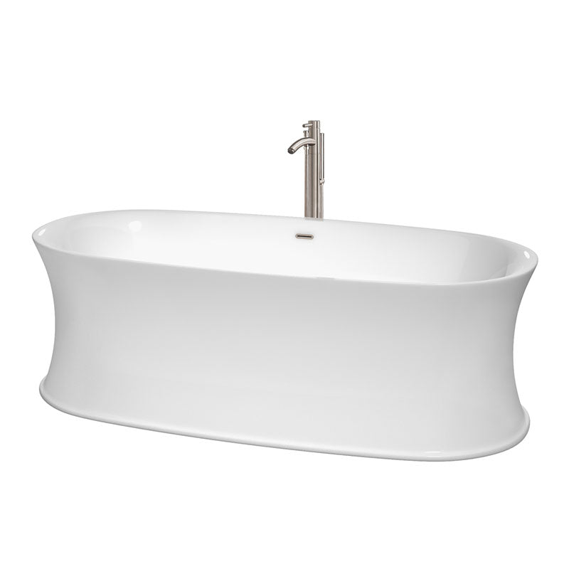 Wyndham Collection Kara 71 inch Soaking Bathtub in White with Brushed Nickel Trim, and Brushed Nickel Floor Mounted Faucet