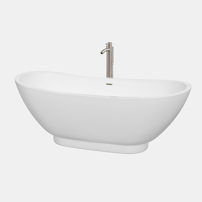 Wyndham Collection Clara 69 inch Soaking Bathtub in White with Brushed Nickel Trim, and Brushed Nickel Floor Mounted Faucet