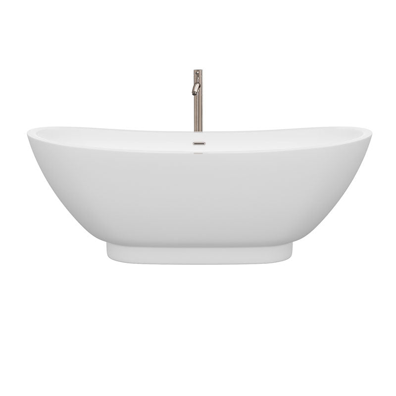 Wyndham Collection Clara 69 inch Soaking Bathtub in White with Brushed Nickel Trim, and Brushed Nickel Floor Mounted Faucet 2