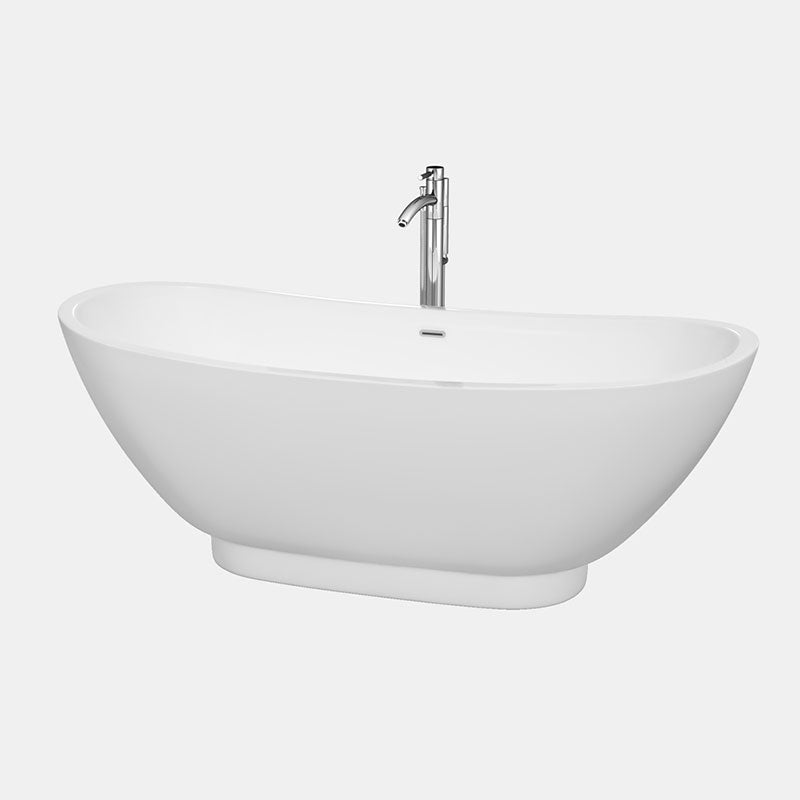 Wyndham Collection Clara 69 inch Soaking Bathtub in White with Polished Chrome Trim, and Polished Chrome Floor Mounted Faucet