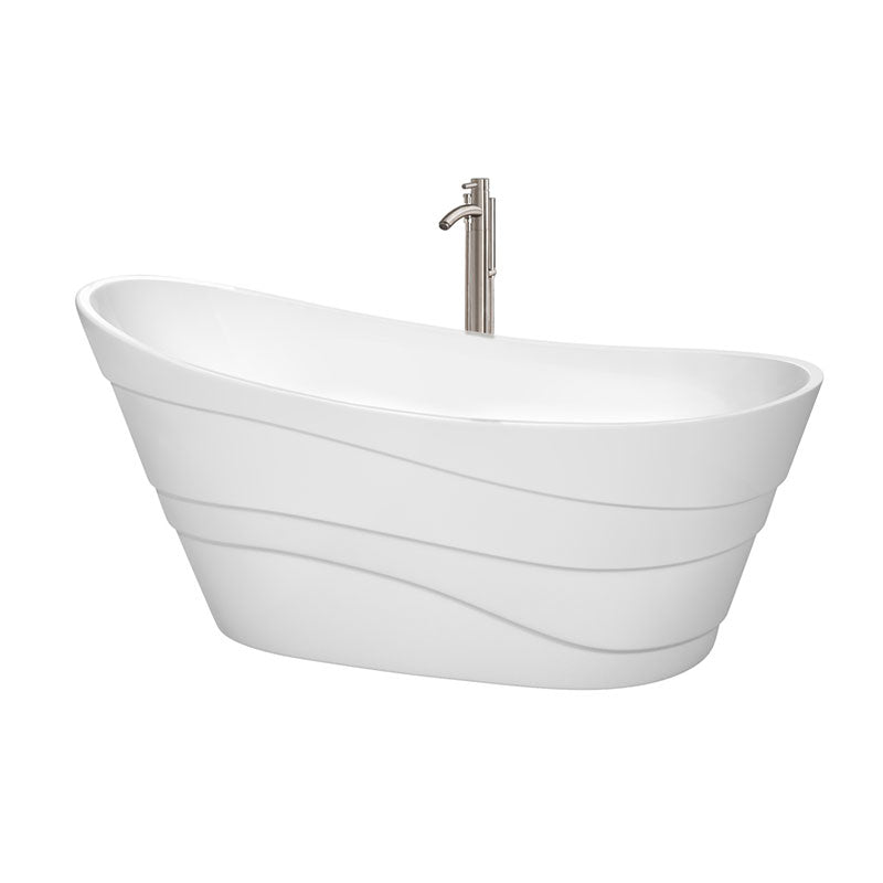 Wyndham Collection Kari 67 inch Soaking Bathtub in White with Brushed Nickel Trim, and Brushed Nickel Floor Mounted Faucet