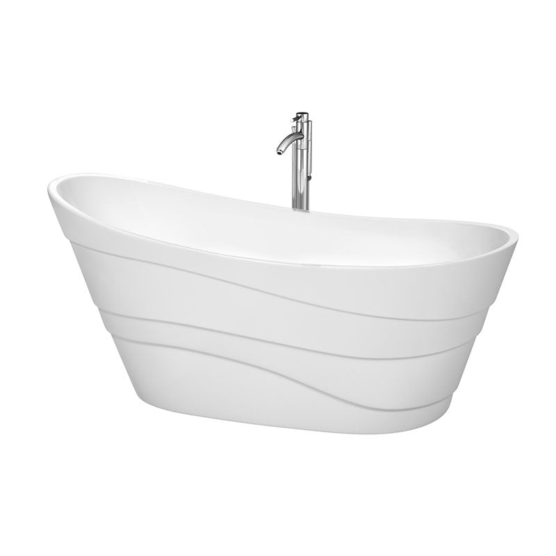 Wyndham Collection Kari 67 inch Soaking Bathtub in White with Polished Chrome Trim, and Polished Chrome Floor Mounted Faucet