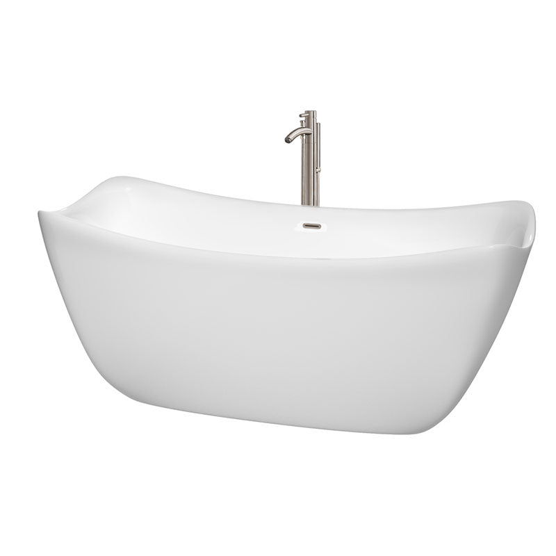Wyndham Collection Donna 67 inch Soaking Bathtub in White with Brushed Nickel Trim, and Brushed Nickel Floor Mounted Faucet