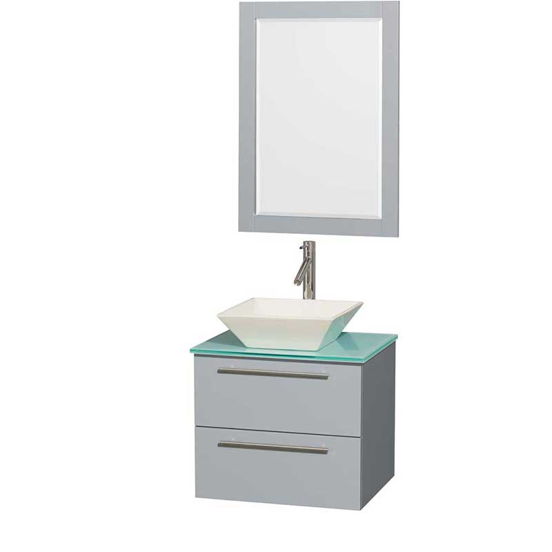 Amare 24" Single Bathroom Vanity in Dove Gray, Green Glass Countertop, Pyra Bone Porcelain Sink and 24" Mirror