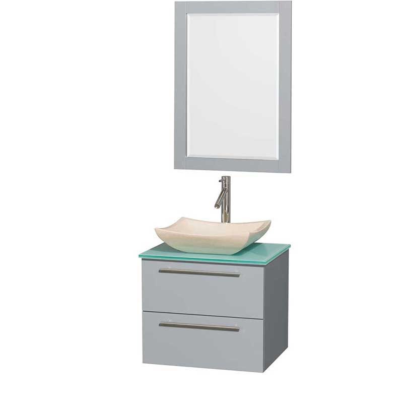 Amare 24" Single Bathroom Vanity in Dove Gray, Green Glass Countertop, Avalon Ivory Marble Sink and 24" Mirror