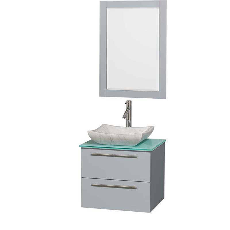 Amare 24" Single Bathroom Vanity in Dove Gray, Green Glass Countertop, Avalon White Carrera Marble Sink and 24" Mirror