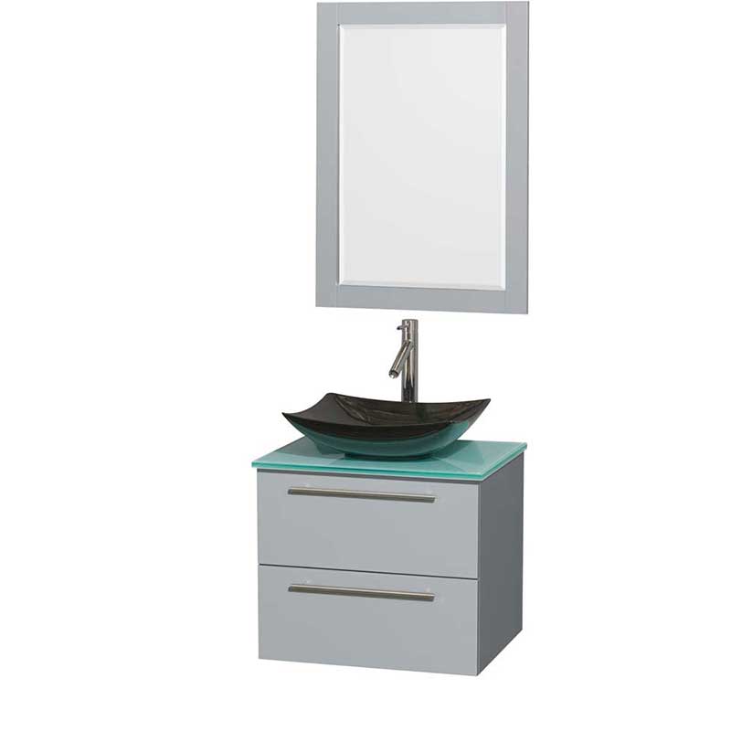 Amare 24" Single Bathroom Vanity in Dove Gray, Green Glass Countertop, Arista Black Granite Sink and 24" Mirror