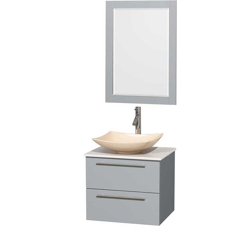 Amare 24" Single Bathroom Vanity in Dove Gray, White Man-Made Stone Countertop, Arista Ivory Marble Sink and 24" Mirror