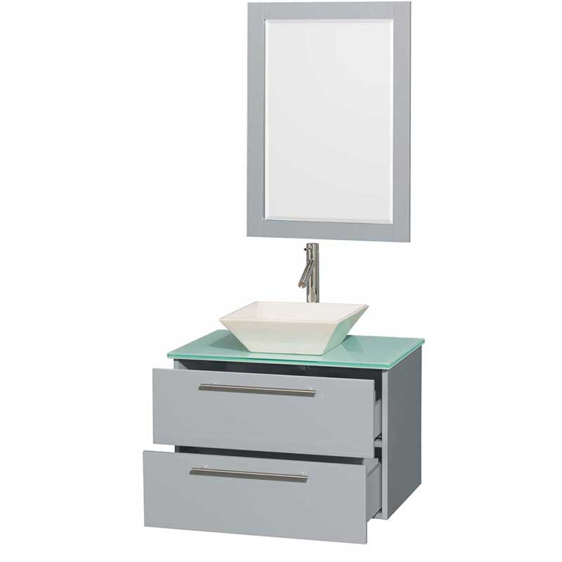 Amare 30" Single Bathroom Vanity in Dove Gray, Green Glass Countertop, Pyra Bone Porcelain Sink and 24" Mirror 2