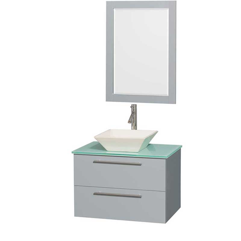 Amare 30" Single Bathroom Vanity in Dove Gray, Green Glass Countertop, Pyra Bone Porcelain Sink and 24" Mirror
