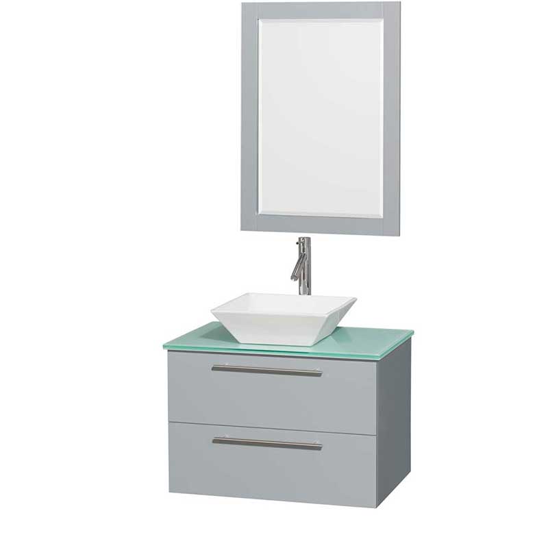 Amare 30" Single Bathroom Vanity in Dove Gray, Green Glass Countertop, Pyra White Porcelain Sink and 24" Mirror