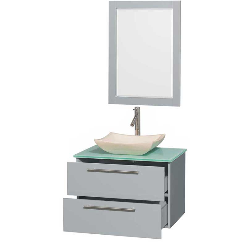 Amare 30" Single Bathroom Vanity in Dove Gray, Green Glass Countertop, Avalon Ivory Marble Sink and 24" Mirror 2