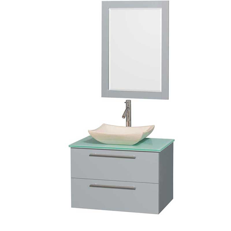 Amare 30" Single Bathroom Vanity in Dove Gray, Green Glass Countertop, Avalon Ivory Marble Sink and 24" Mirror