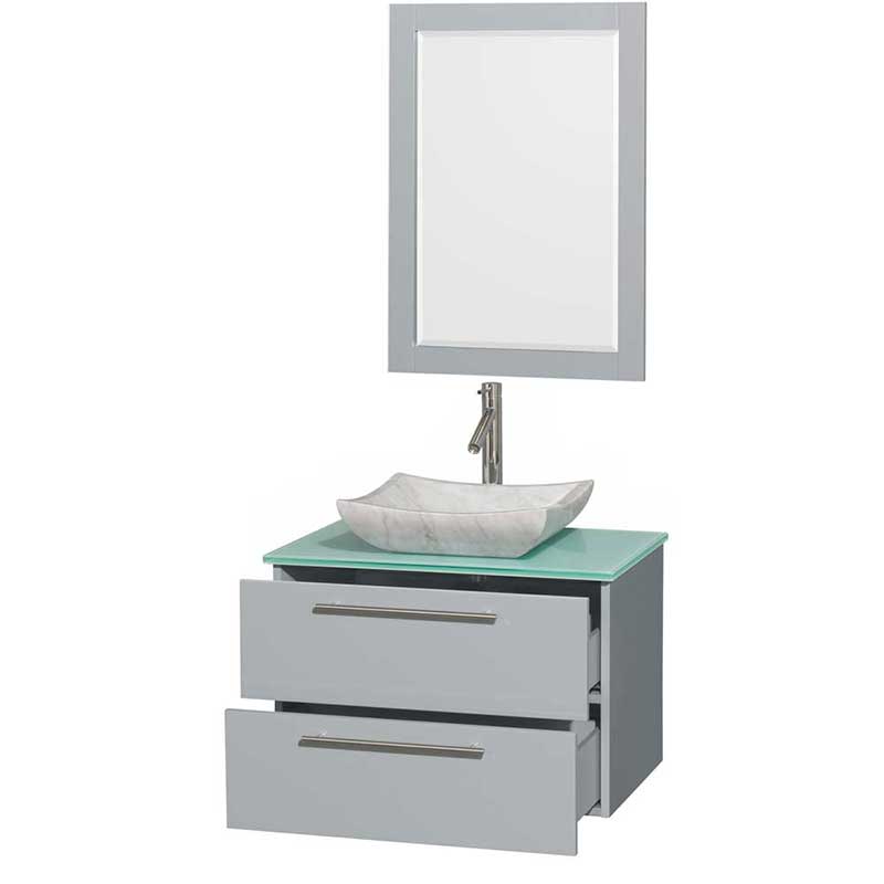 Amare 30" Single Bathroom Vanity in Dove Gray, Green Glass Countertop, Avalon White Carrera Marble Sink and 24" Mirror 2
