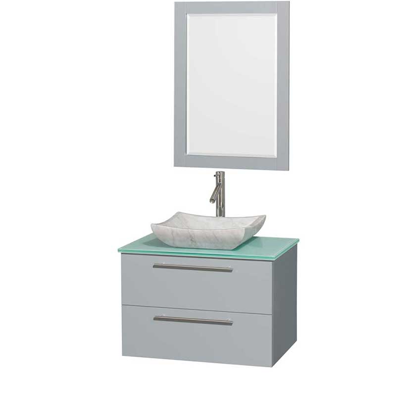Amare 30" Single Bathroom Vanity in Dove Gray, Green Glass Countertop, Avalon White Carrera Marble Sink and 24" Mirror