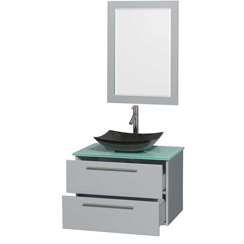 Amare 30" Single Bathroom Vanity in Dove Gray, Green Glass Countertop, Arista Black Granite Sink and 24" Mirror 2